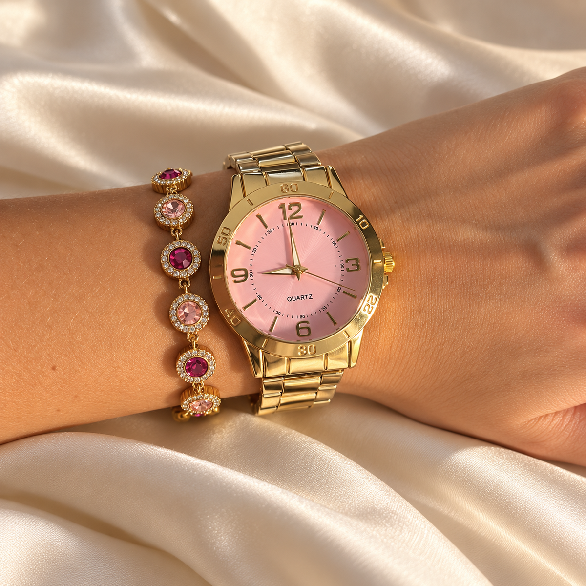 Pink Elegance – Goldfarbene Uhr mit rosa Zifferblatt aus Edelstahl
