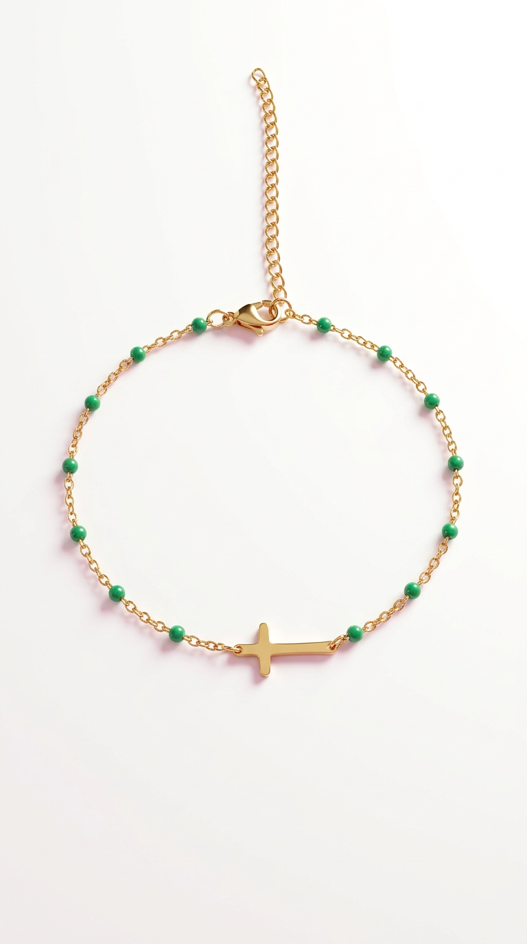 Edelstahl Armband mit Kreuz & blauen, Rosa oder Grünen Perlen – Gold