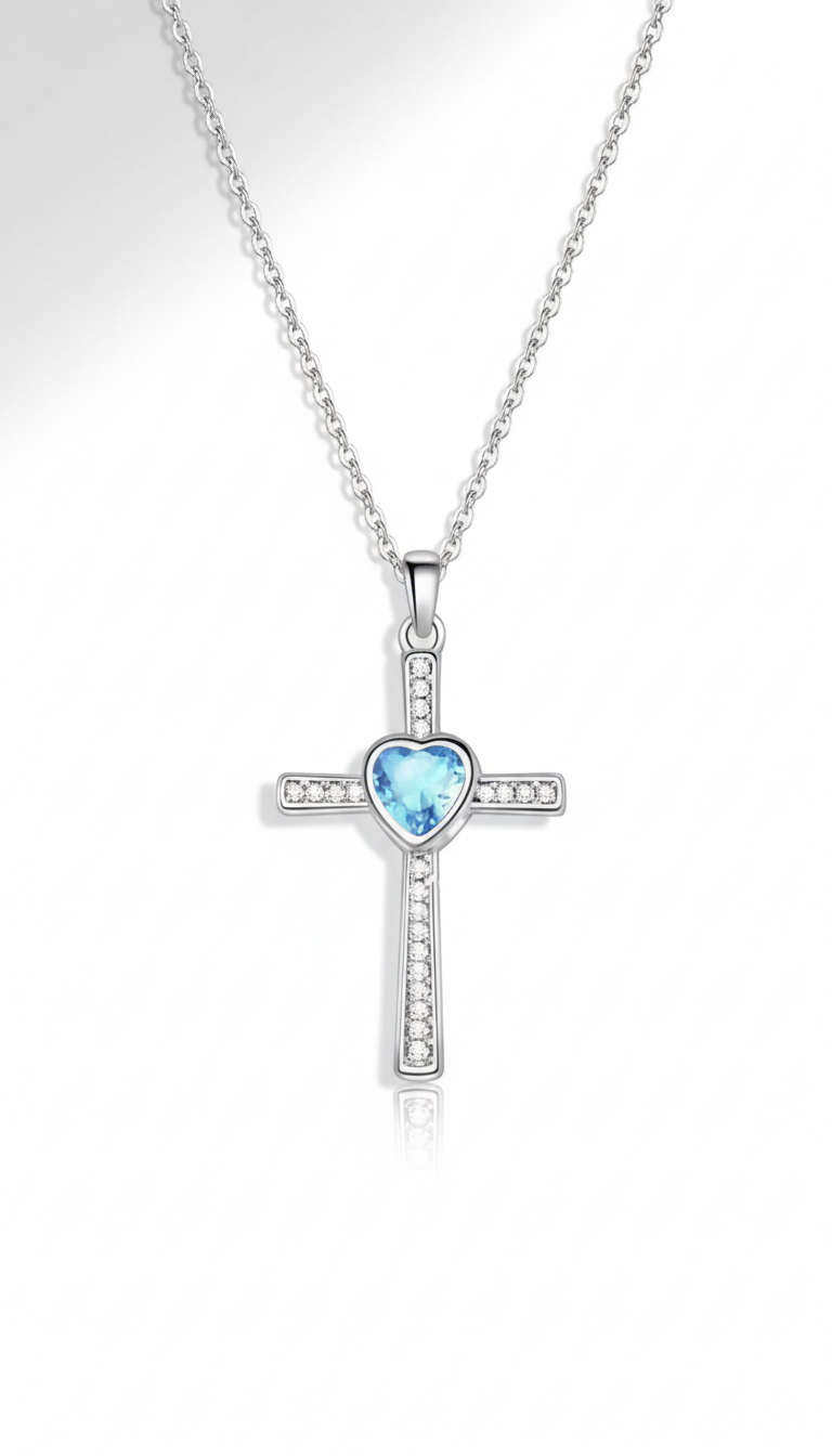 Edelstahl Halskette mit Kreuz & blauem Herzstein ✨