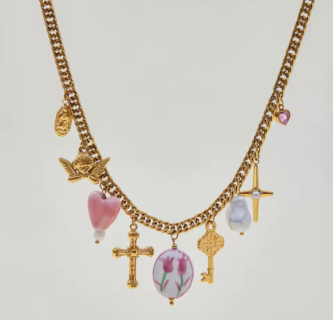 Charm Halskette „Pink Garden“ – Edelstahl