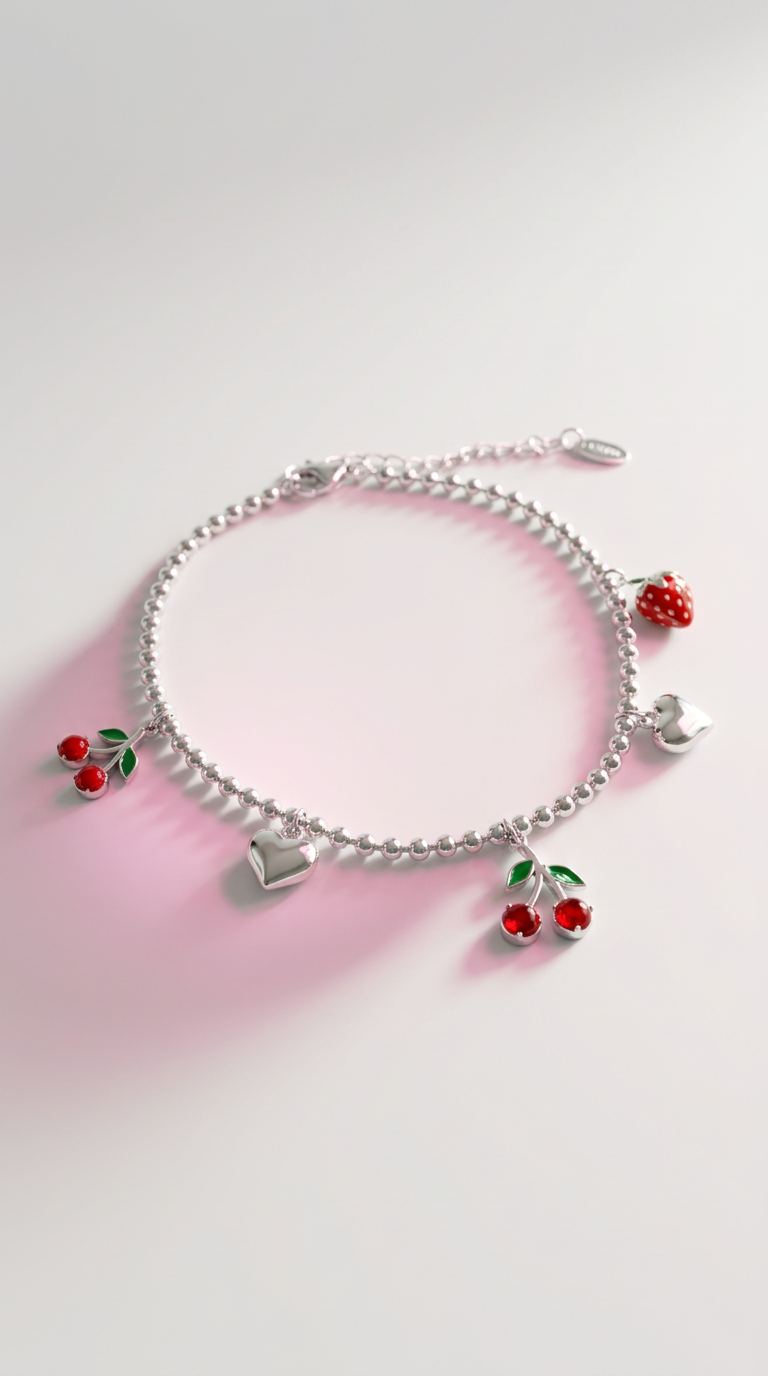 Verspielte Edelstahl Fußkette mit Kirschen & Herz-Anhängern 🍒✨