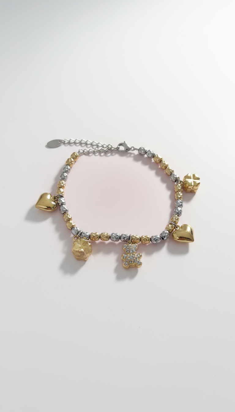 Zweifarbiges Charm-Armband aus Edelstahl – Herz, Nugget & Bär ✨🐻
