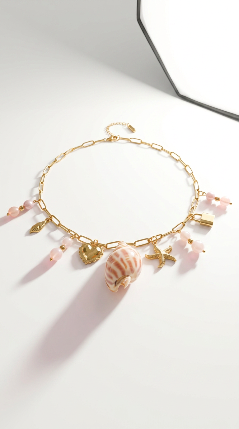 Sommerliche Edelstahl Halskette mit Muschel & Charm-Anhängern 🐚💗✨