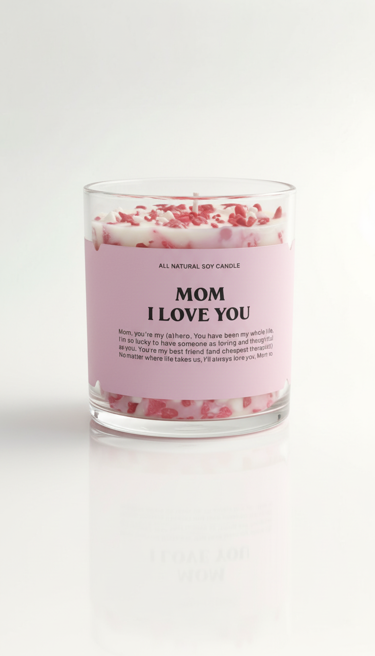 💖 „Mom, I Love You“ – Sojakerze mit Sahne-Vanille-Duft & Herzdeko - 8 cm hoch
