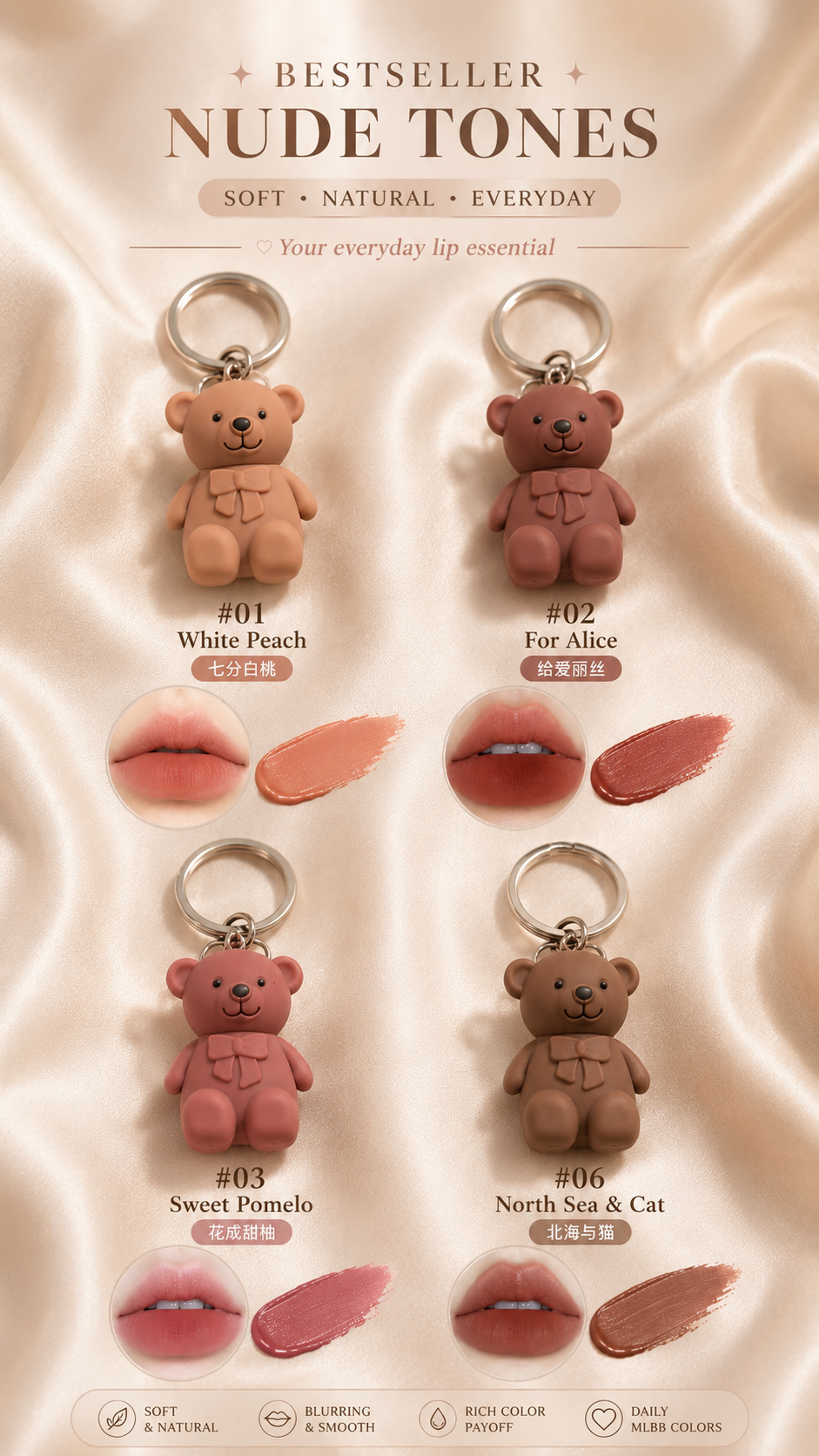𧸠Teddy Lip Tint SchlĂźsselanhänger â Nude Tones Kollektion (Bald VerfĂźgbar)