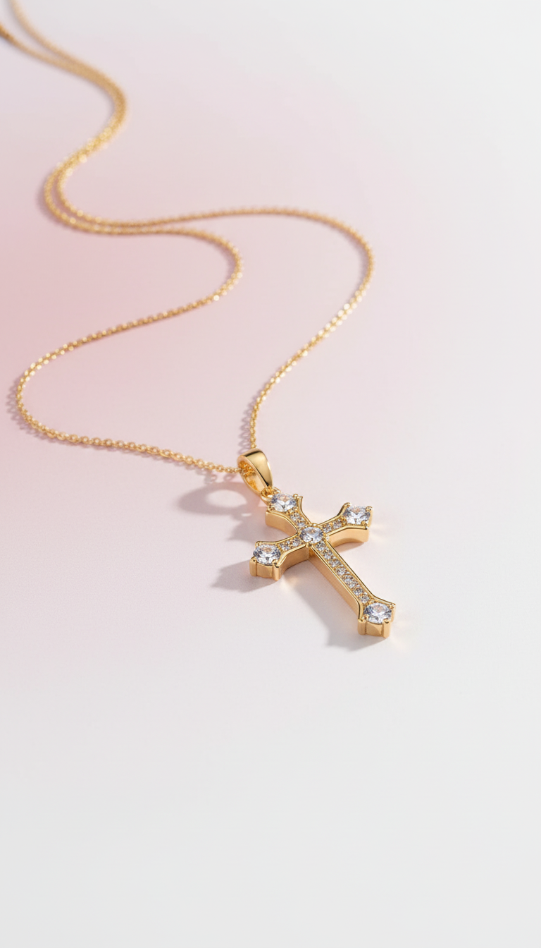 Edelstahl Halskette mit goldenem Kreuz & funkelnden Steinen ✨