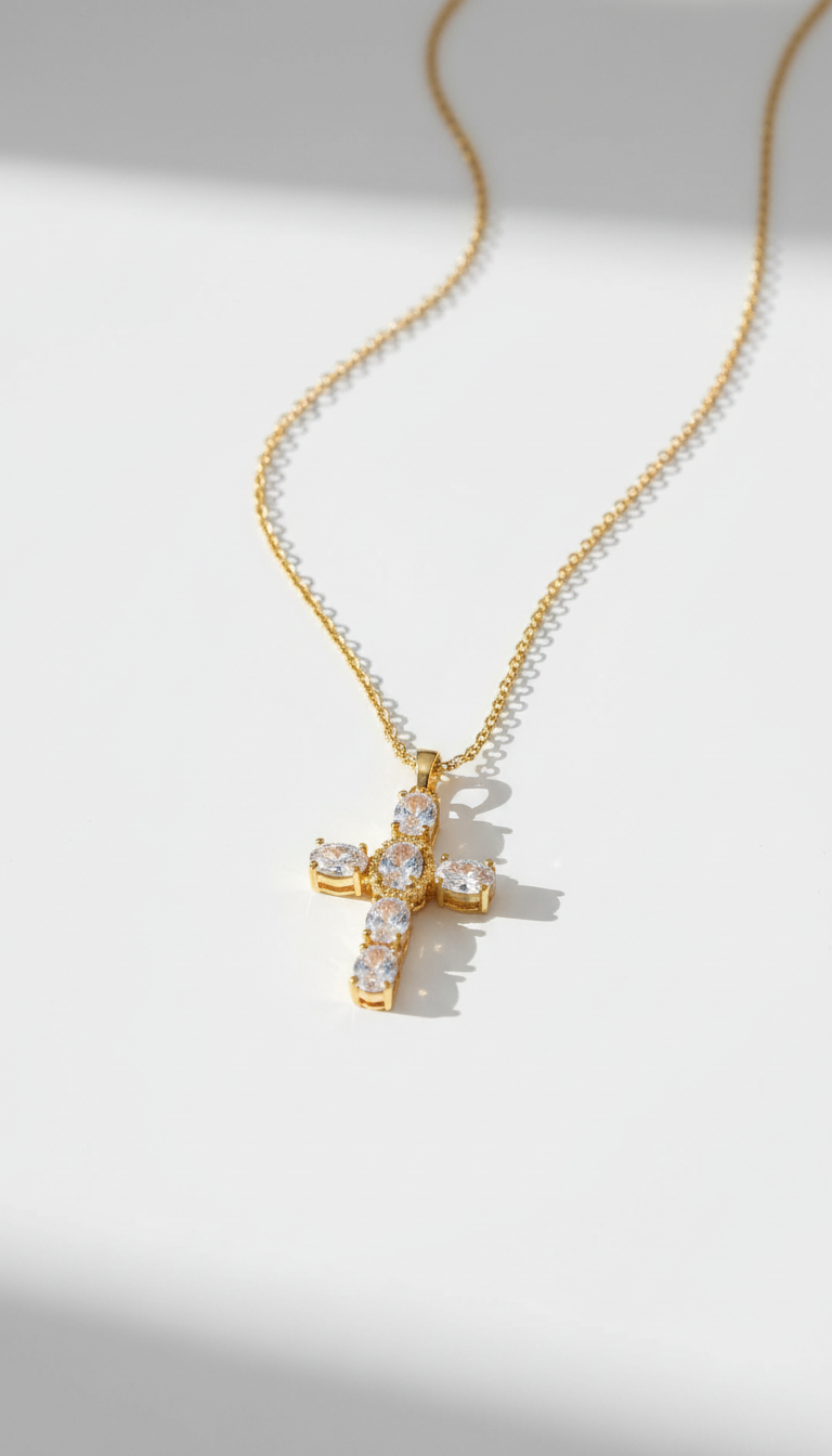 Edelstahl Halskette mit goldenem Kreuz & Zirkonia-Steinen ✨