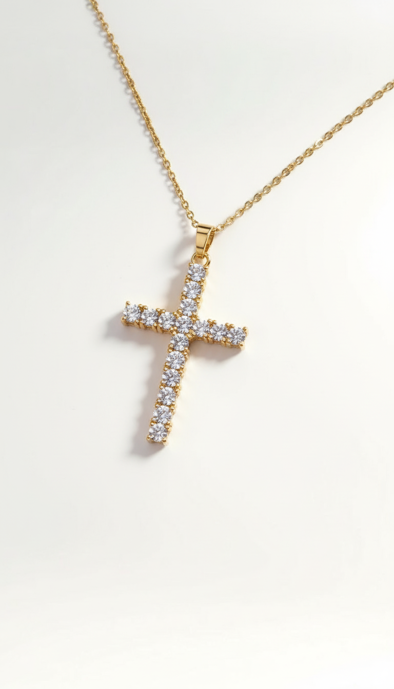 Edelstahl Halskette mit goldenem Kreuz & funkelnden Steinen ✨