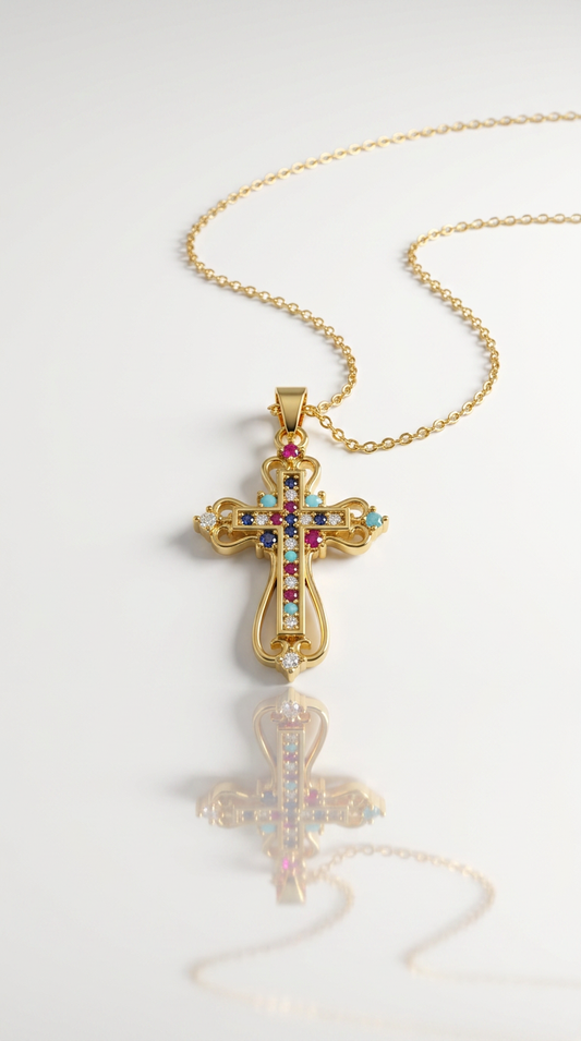 Edelstahl Kreuz Halskette mit bunten Zirkonia-Steinen ✨💛