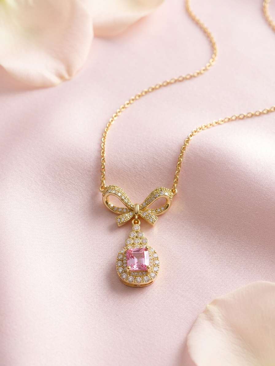 Elegante Edelstahl Halskette mit Schleifen-Design & rosafarbenem Stein 💗✨