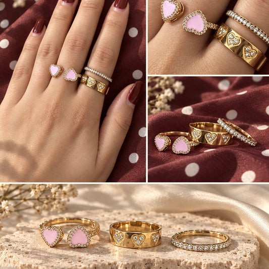 Pink Heart Ring Silber & Gold – einzeln oder als 3er-Ringset Gr. 7