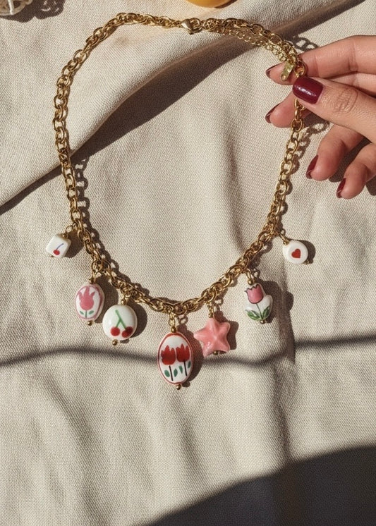 Charm Halskette „Pink Garden“ – Edelstahl