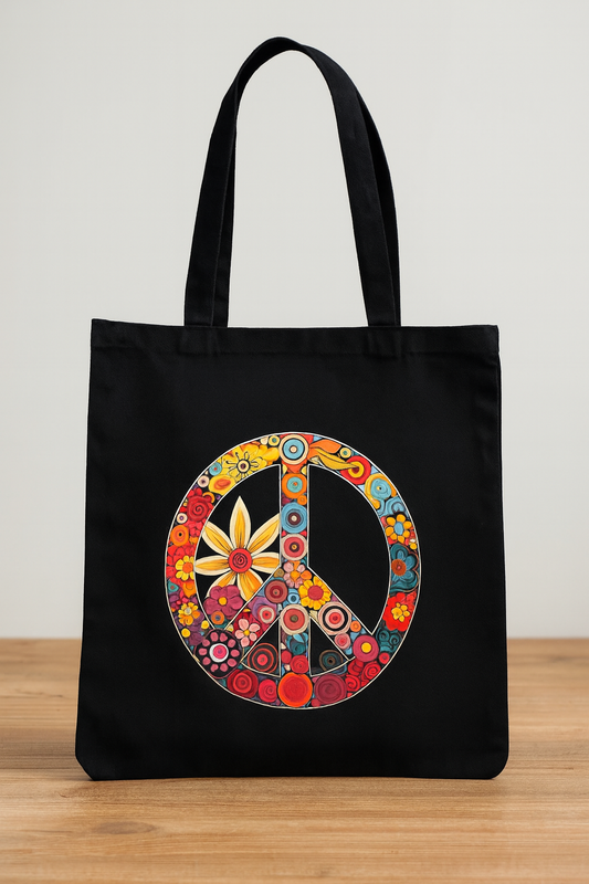 🌸 Schwarze Stofftasche mit Peace-Symbol