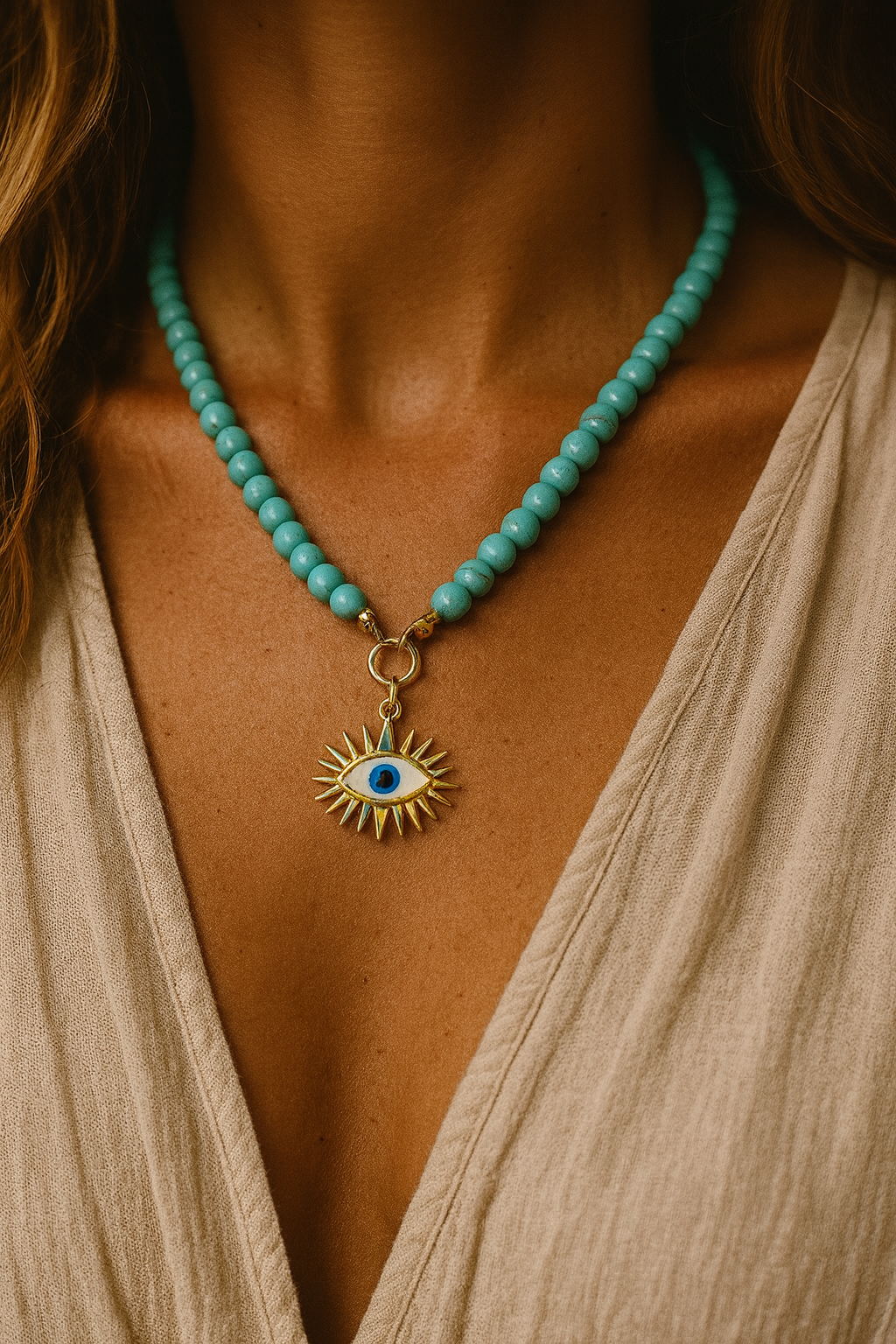 🌞 Halskette „Evil Eye“ mit türkisfarbenen Perlen