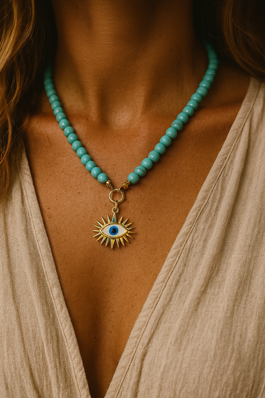 🌞 Halskette „Evil Eye“ mit türkisfarbenen Perlen