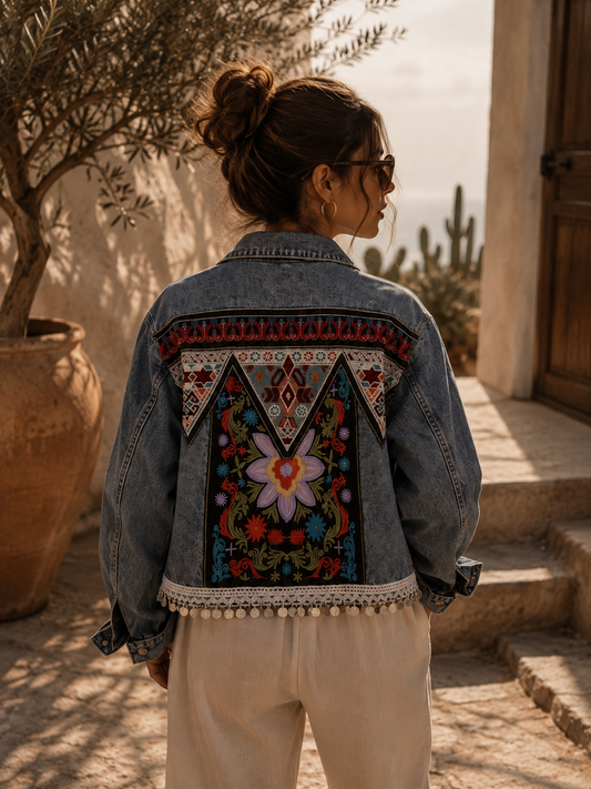 Statement Jeansjacke „Boho Art“ – Einzigartig & handverziert ✨🌺 S-L