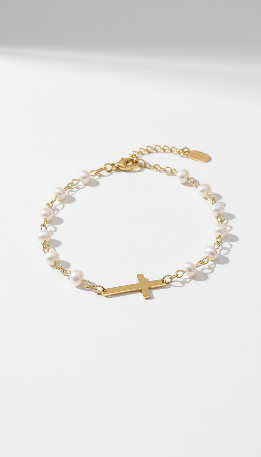 Perlenkreuz Armband aus Edelstahl