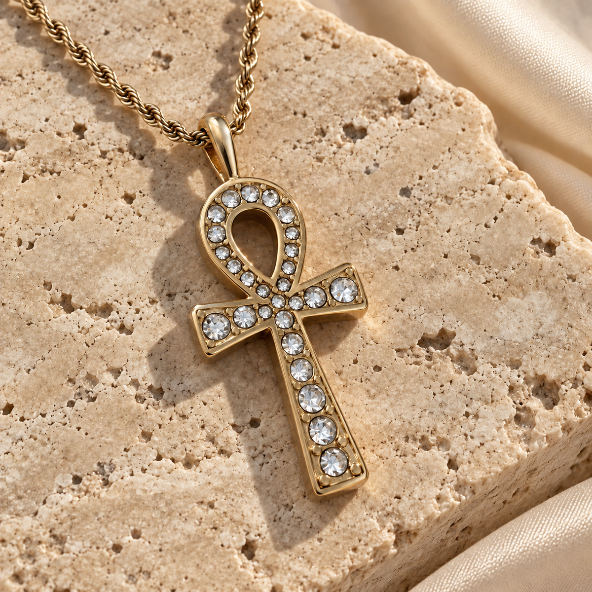 Ankh Glow – goldfarbene Kette mit Schmucksteinen