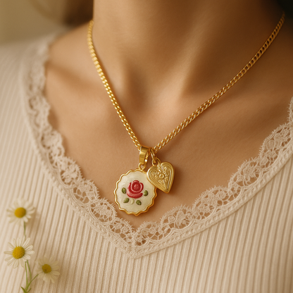 Goldene Edelstahlkette mit Rosen- & Herzanhänger ✨