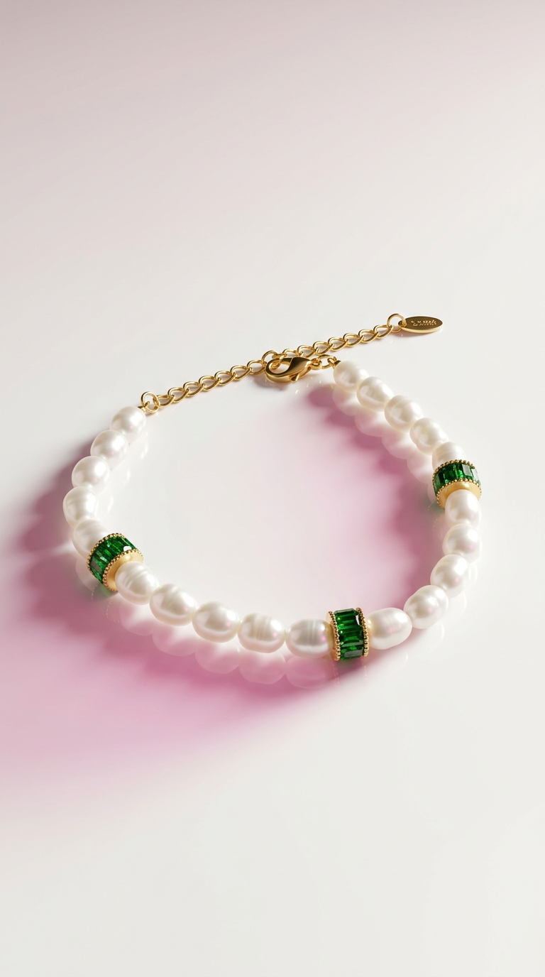 Elegantes Perlenarmband mit grünen Akzenten – Edelstahl vergoldet