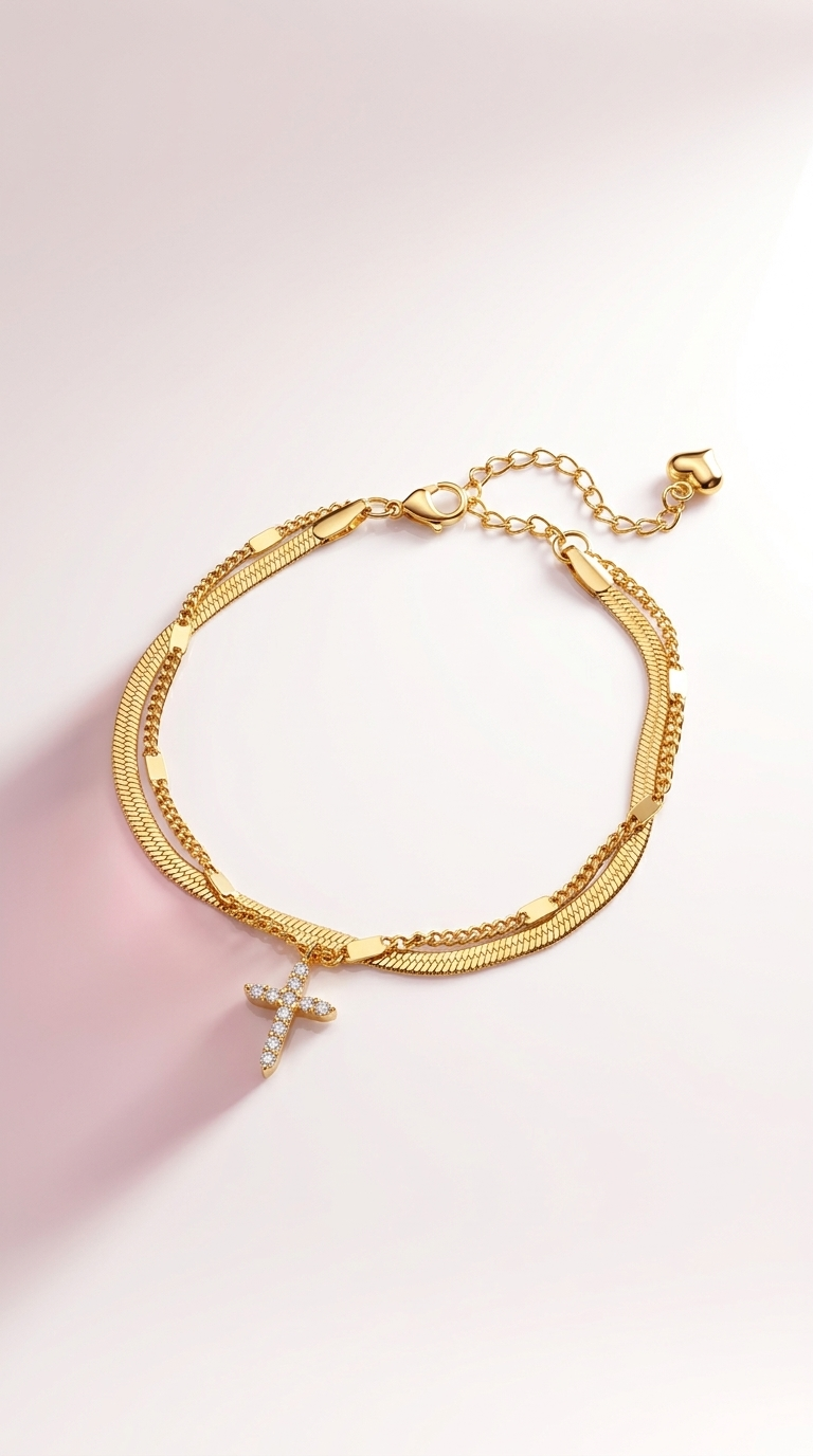 Edelstahl Fußkette mit Kreuz-Anhänger – Gold