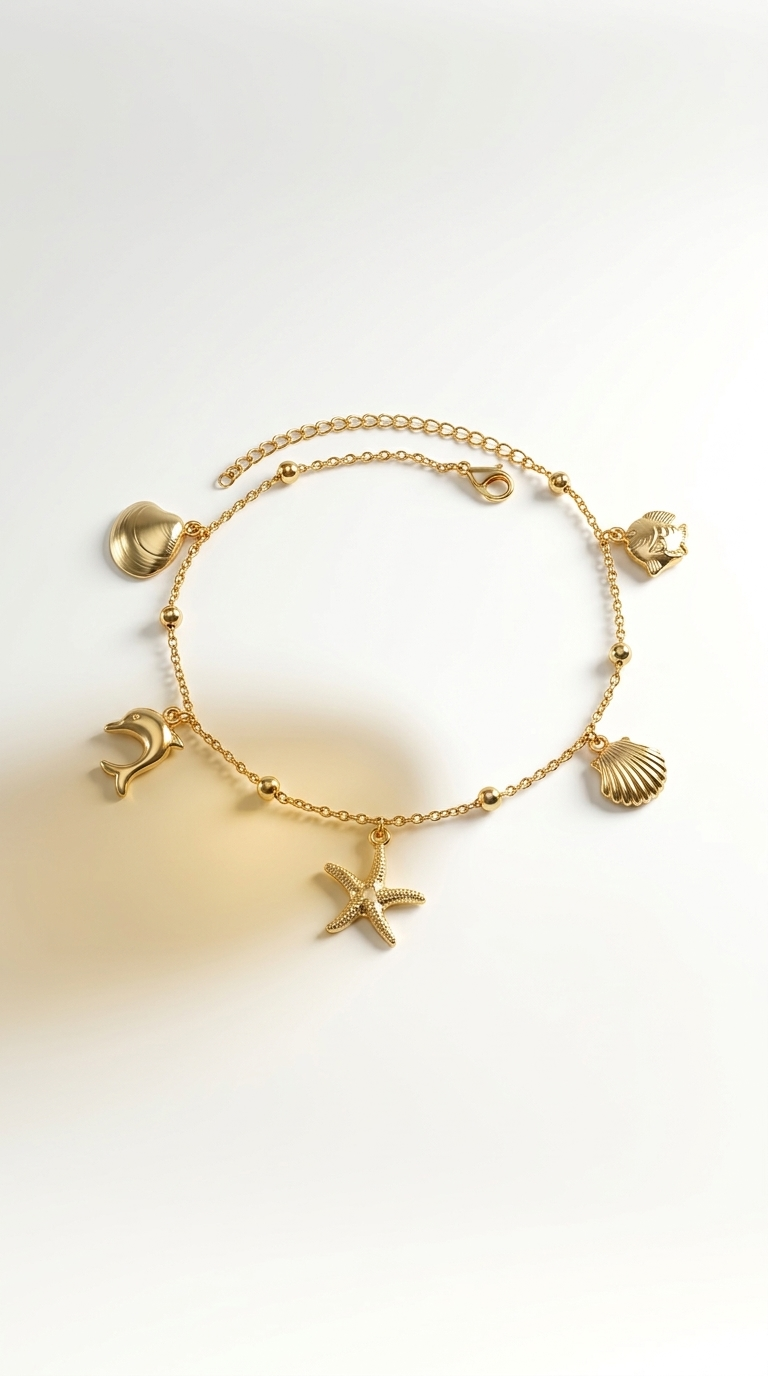 Edelstahl Fußkette mit Meeres-Anhängern – Gold