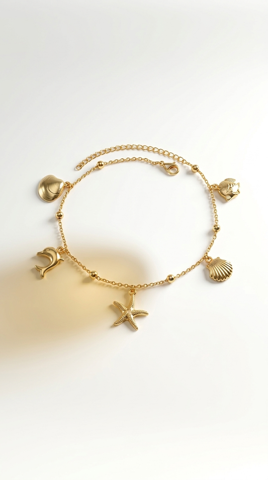 Edelstahl Fußkette mit Meeres-Anhängern – Gold