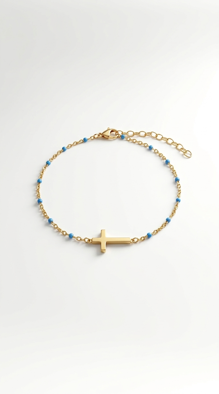 Edelstahl Armband mit Kreuz & blauen, Rosa oder Grünen Perlen – Gold