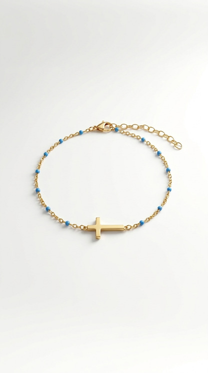 Edelstahl Armband mit Kreuz & blauen, Rosa oder Grünen Perlen – Gold