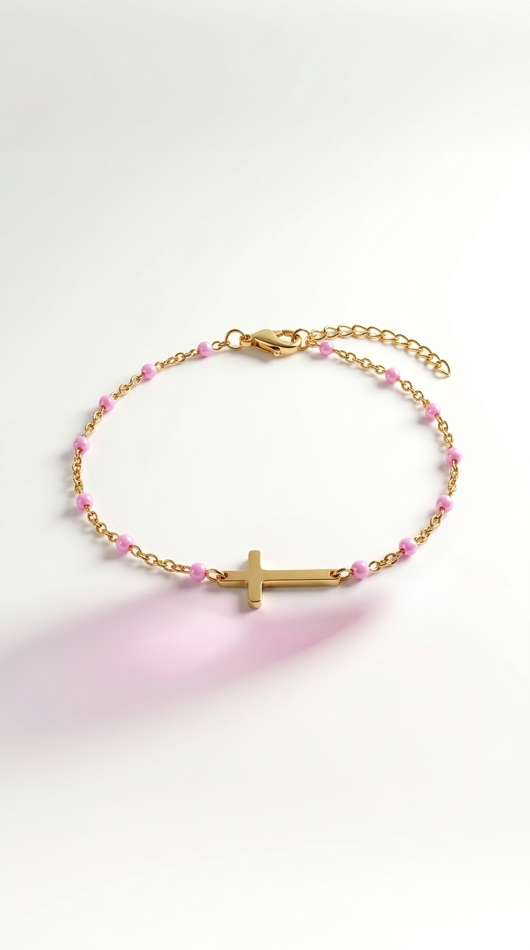 Edelstahl Armband mit Kreuz & blauen, Rosa oder Grünen Perlen – Gold