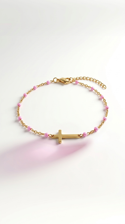 Edelstahl Armband mit Kreuz & blauen, Rosa oder Grünen Perlen – Gold