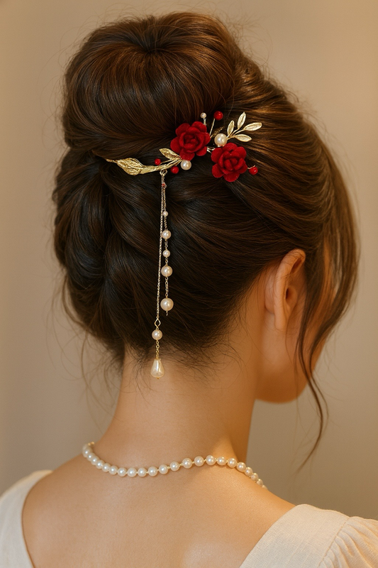 Elegante Haarklammer mit roten Rosen & Perlenanhänger 🌹✨
