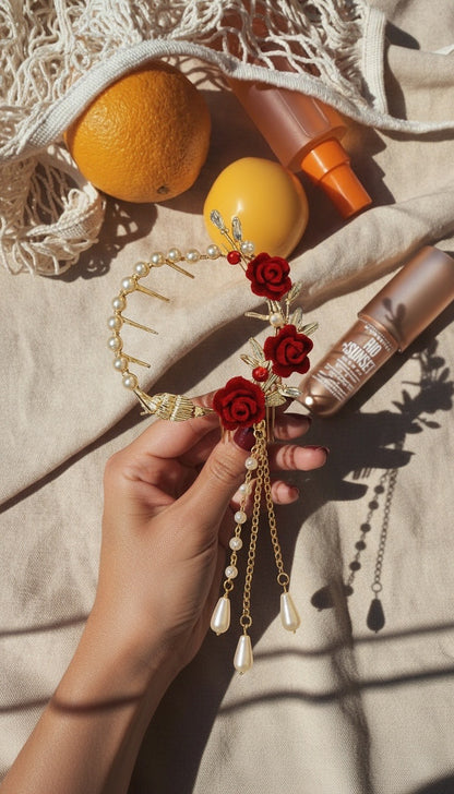 Elegante Haarklammer mit roten Rosen & Perlenanhänger 🌹✨