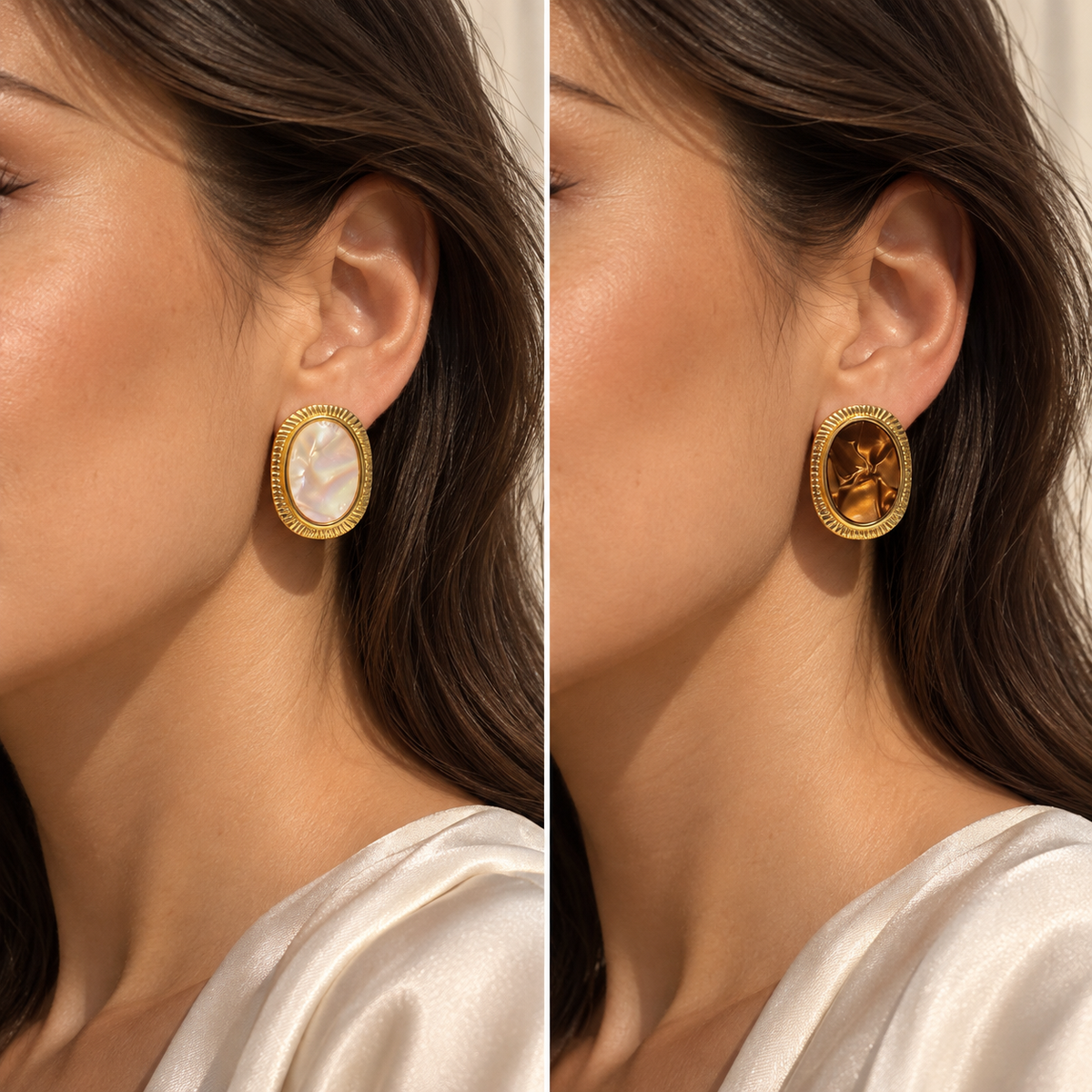 Oval Glow – Ohrstecker in Weiss & Braun