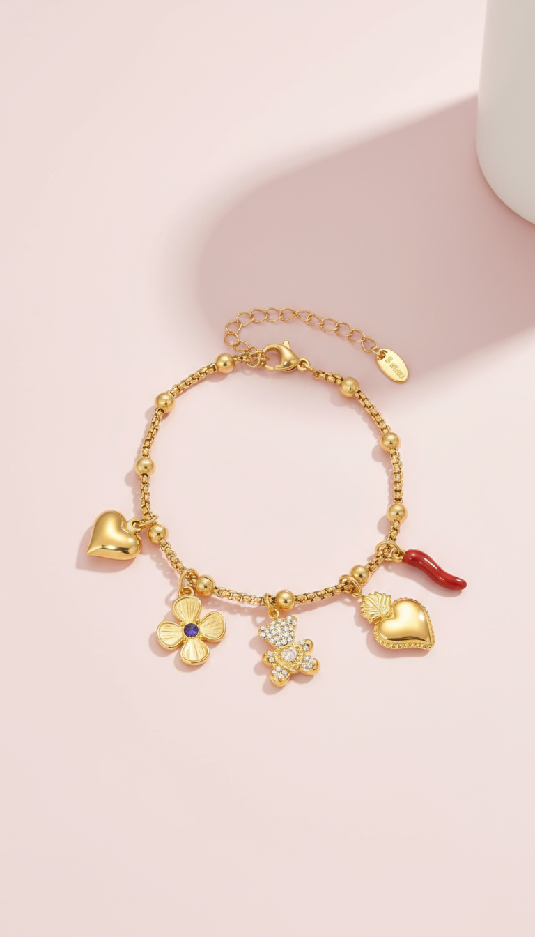 Gold Charm Armband aus Edelstahl – Herz, Blume, Bär & Chili 🌸✨