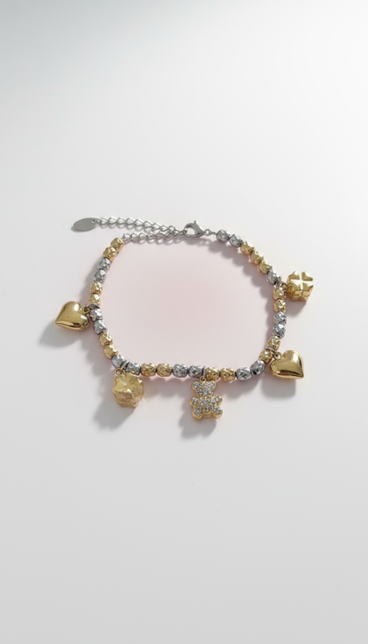 Zweifarbiges Charm-Armband aus Edelstahl – Herz, Nugget & Bär ✨🐻