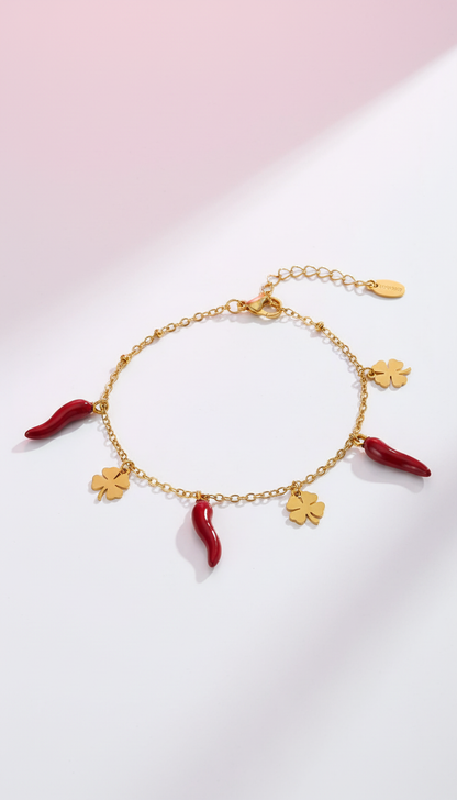 Edelstahl Charm-Armband – Gold & Silber mit Chili & Kleeblatt 🔥🍀 Vorbestellung