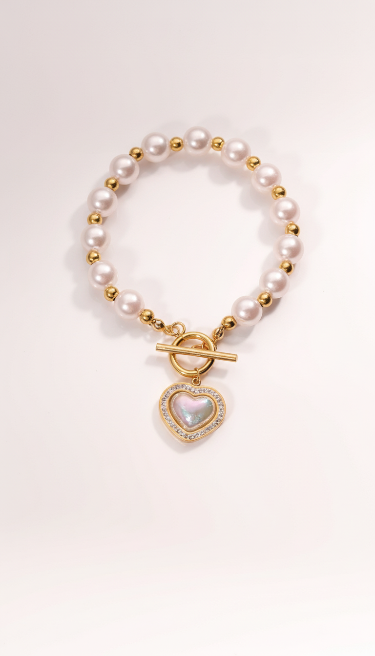 Perlenarmband mit Herzanhänger – Edelstahl vergoldet 16 cm länge