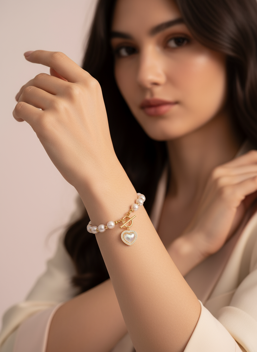 Perlenarmband mit Herzanhänger – Edelstahl vergoldet 16 cm länge