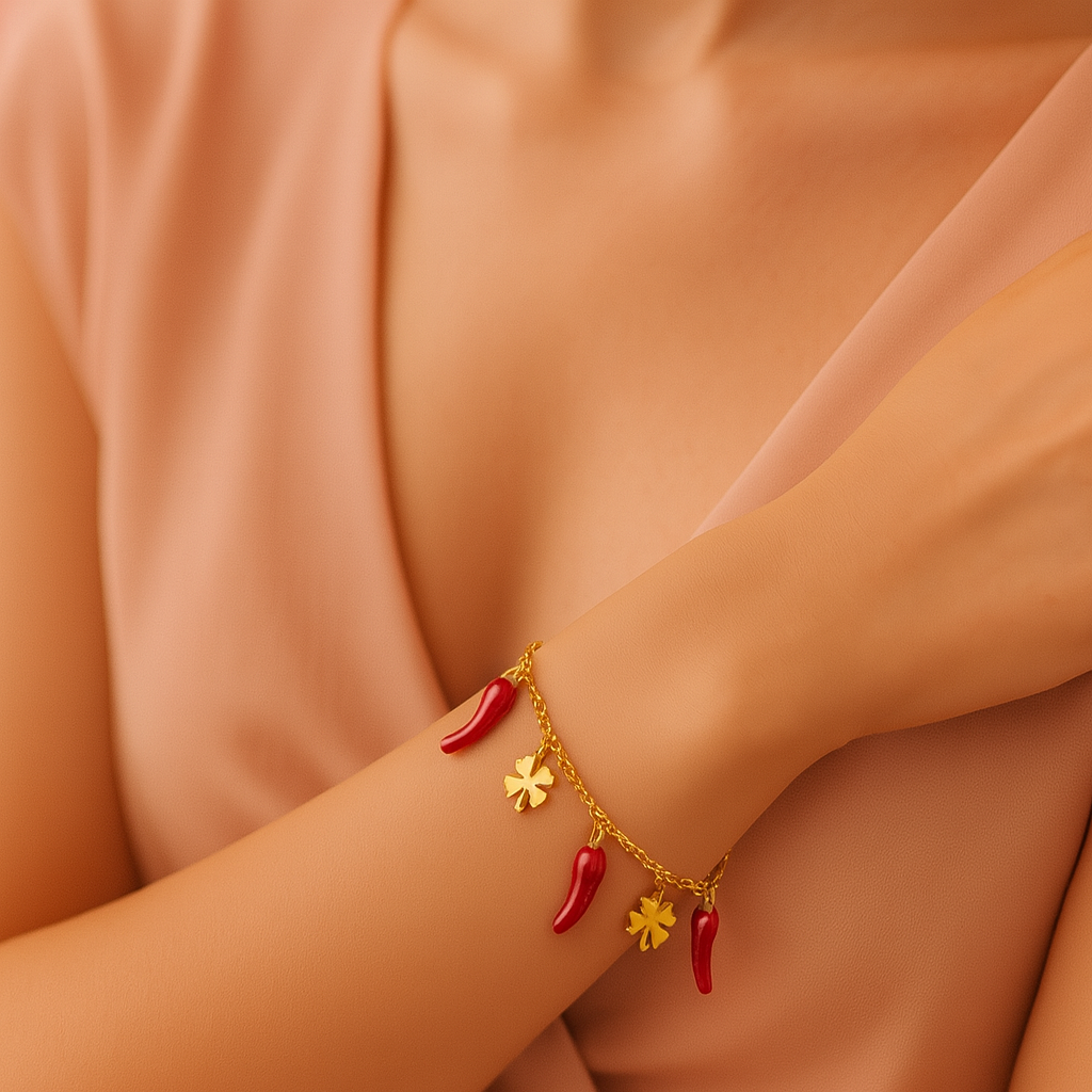 Edelstahl Charm-Armband – Gold & Silber mit Chili & Kleeblatt 🔥🍀 Vorbestellung