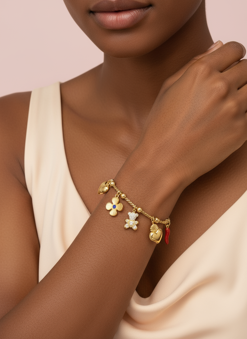 Gold Charm Armband aus Edelstahl – Herz, Blume, Bär & Chili 🌸✨