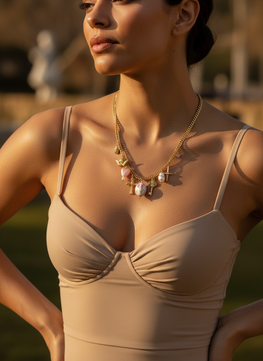 Charm Halskette „Pink Garden“ – Edelstahl