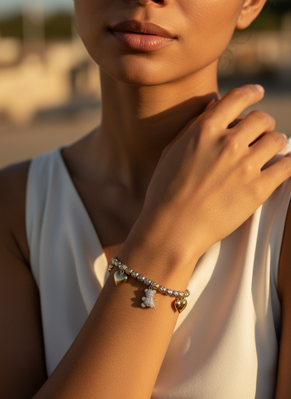 Zweifarbiges Charm-Armband aus Edelstahl – Herz, Nugget & Bär ✨🐻