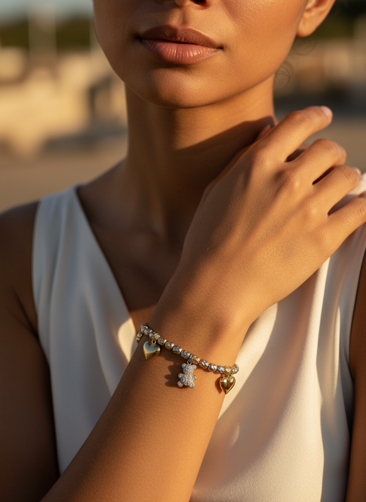 Zweifarbiges Charm-Armband aus Edelstahl – Herz, Nugget & Bär ✨🐻