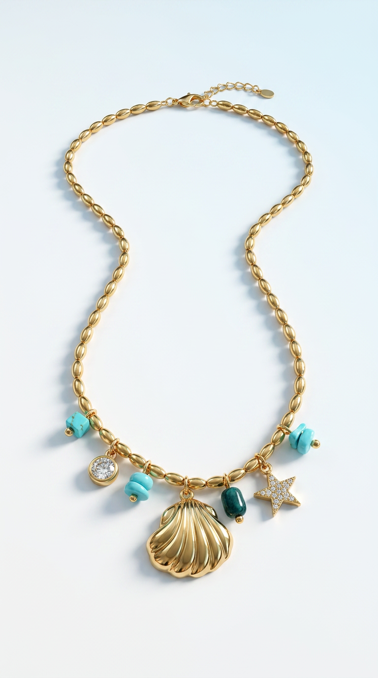 Goldene Ocean Charm Halskette – Sommerlicher Schmuck mit Muschel & Türkis Details 🤍