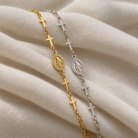 Kreuz-Armband mit Marienmedaille – Gold & Silber