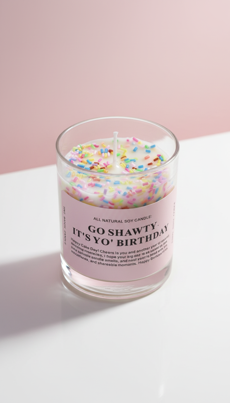 🎉 „Go Shawty, It’s Yo’ Birthday“ – Sojakerze mit süßem Erdbeerduft & Sprinkle-Deko - 5 cm hoch
