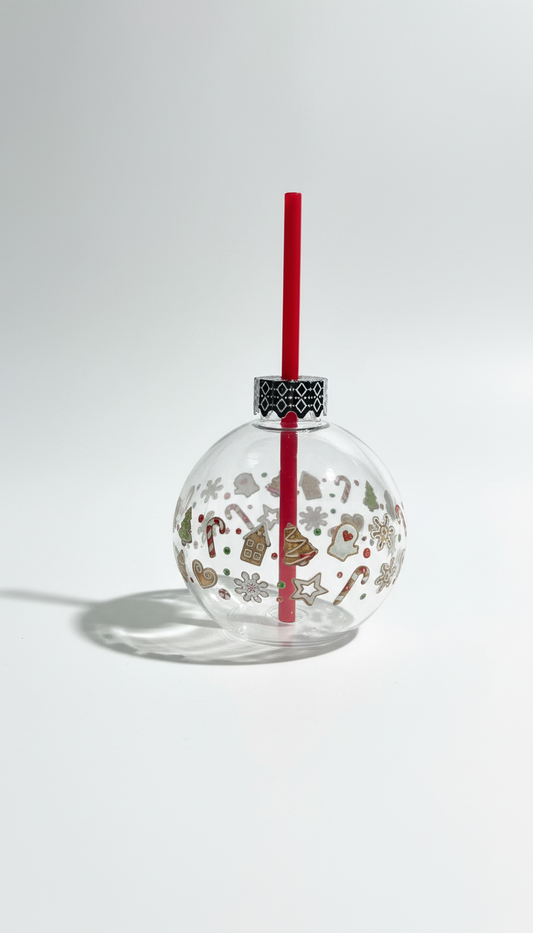 🎄 Weihnachts-Kugel-Trinkbecher mit rotem Strohhalm