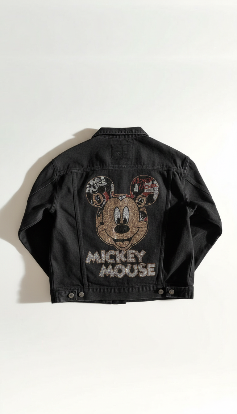 Schwarze Oversize Jeansjacke mit Mickey-Motiv – Size S/L