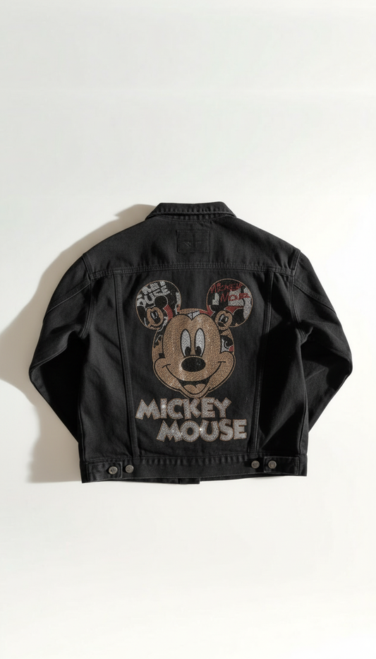Schwarze Oversize Jeansjacke mit Mickey-Motiv – Size S/L